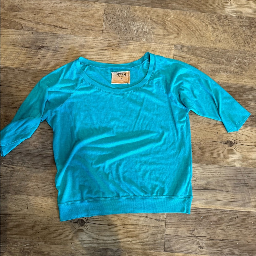 Nation LTD shirt size small, aqua turquoise color, wide neck 3/4 sleeve